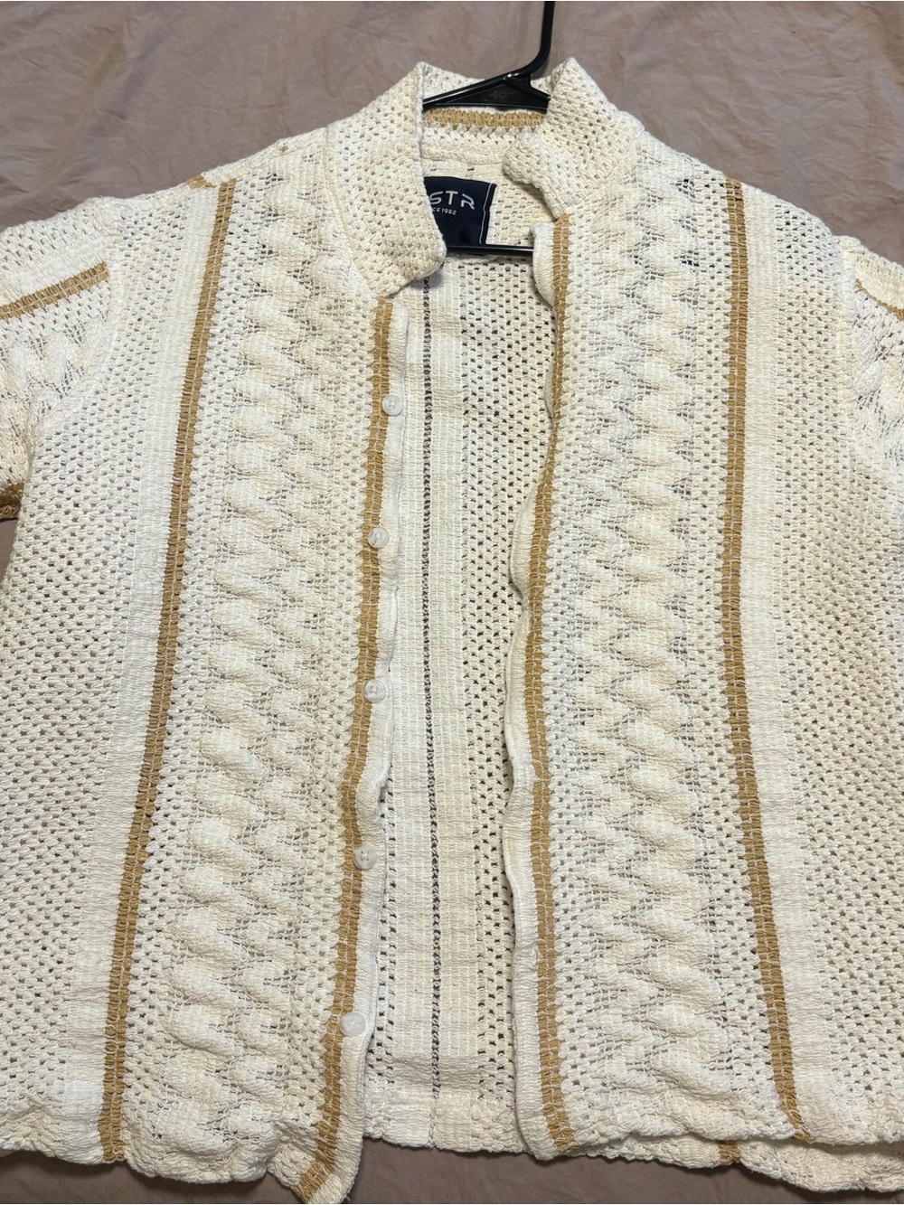 Cream and Tan Men’s Knit Button-Up Sweater